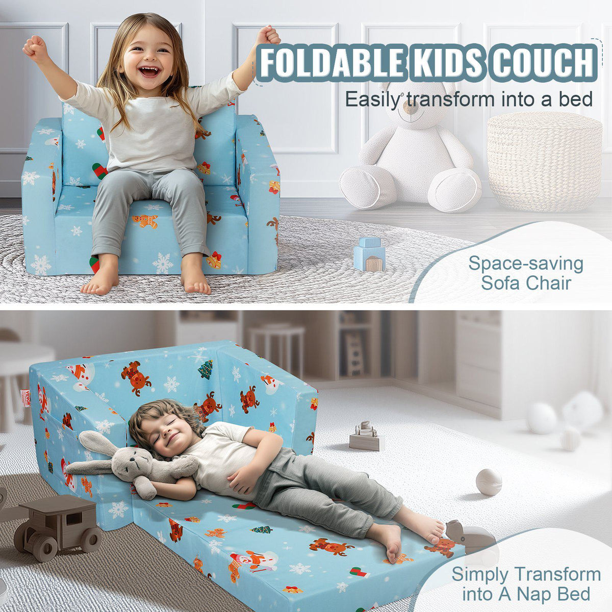 Kids Couch, 2-in-1 Toddler Chairs Comfy, Toddler Couch Sofa Bed Fold Out, Convertible Sofa to Lounger, Kids Chair Seat Playroom Furniture for Kids Girls & Boys, Sky Blue