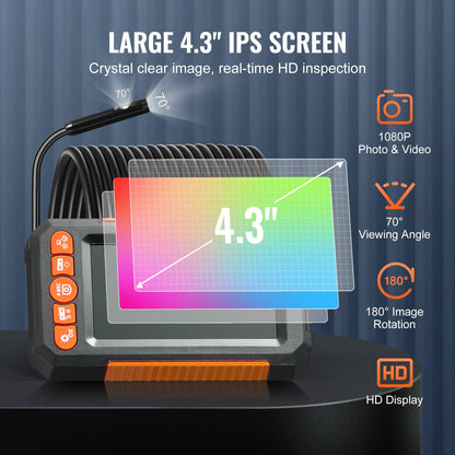 Endoscope Camera with Light, Dual Lens Industrial Borescope, 4.3" Screen 1080P Inspection Camera, 8 + 1 Lights, 4X Zoom, IP67 Waterproof Snake Camera for Auto, Plumbing (16.4FT Cable, 32GB Card)