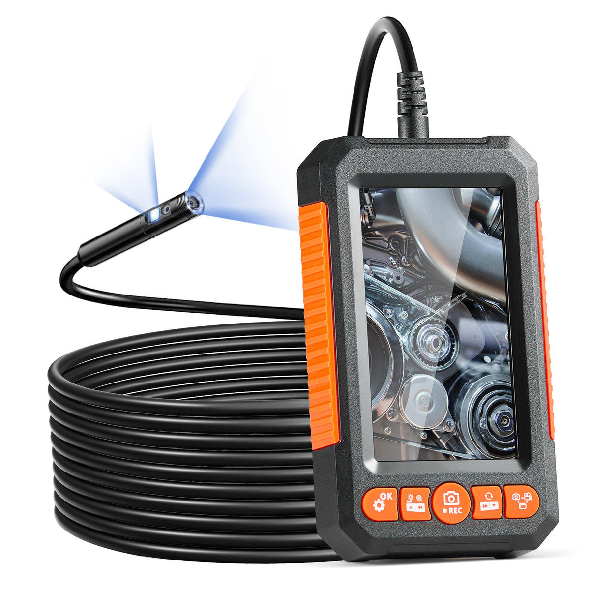 Endoscope Camera with Light, Dual Lens Industrial Borescope, 4.3" Screen 1080P Inspection Camera, 8 + 1 Lights, 4X Zoom, IP67 Waterproof Snake Camera for Auto, Plumbing (16.4FT Cable, 32GB Card)