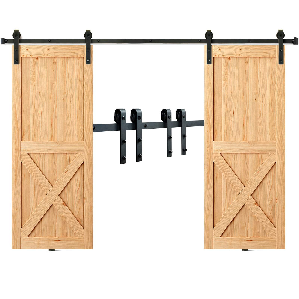 8FT Sliding Barn Door Hardware Kit, 330LBS Heavy Duty Barn Door Track Kit for Double Doors, Fit 3.7-4.3FT Total Wide and 1.3"-1.8" Thick 2 Door Panel, with Smooth & Silent Pulley (J Shape)