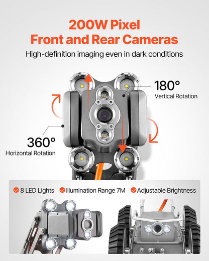 Sewer Pipe Inspection Robot, 197FT Pipeline Detection Crawling Robot with 2MP Front/Rear Cameras & Touchscreen Tablet, IP68 Plumbing Camera with Lights & Distance Counter for Industrial Pipes