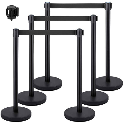 6 PCS Black Stanchion Posts Stainless Steel Stanchion Queue Post Black Belt Retractable 36In for Both Indoor and Outdoor use.