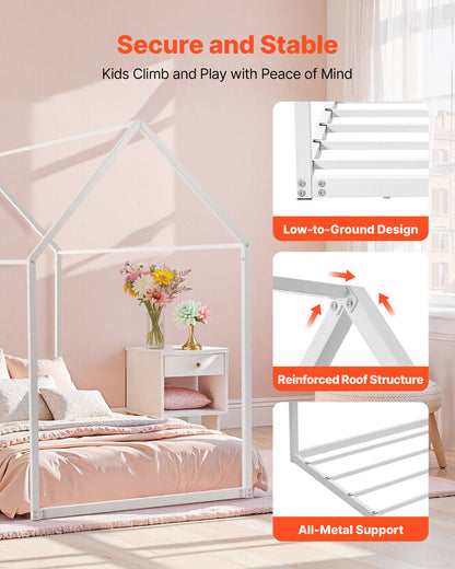Twin Size House Bed Frame, Metal Kids Floor Bed Frame with Roof, Heavy Duty Steel Slats Support, House Shape Bedframe for Girls and Boys, No Box Spring Needed, Easy Assembly, White