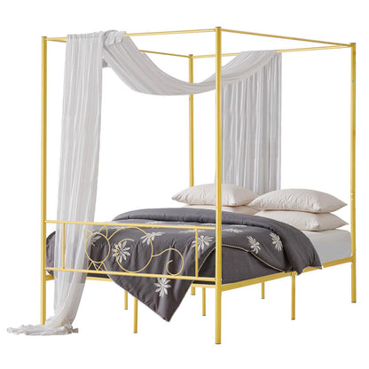 Full Size Canopy Bed Frame, Metal Canopy Bed with Minimalist Headboard & Four Posters Design, Heavy Duty Steel Slats Support, Underbed Storage Space, No Box Spring Needed, Easy Assembly, Gold