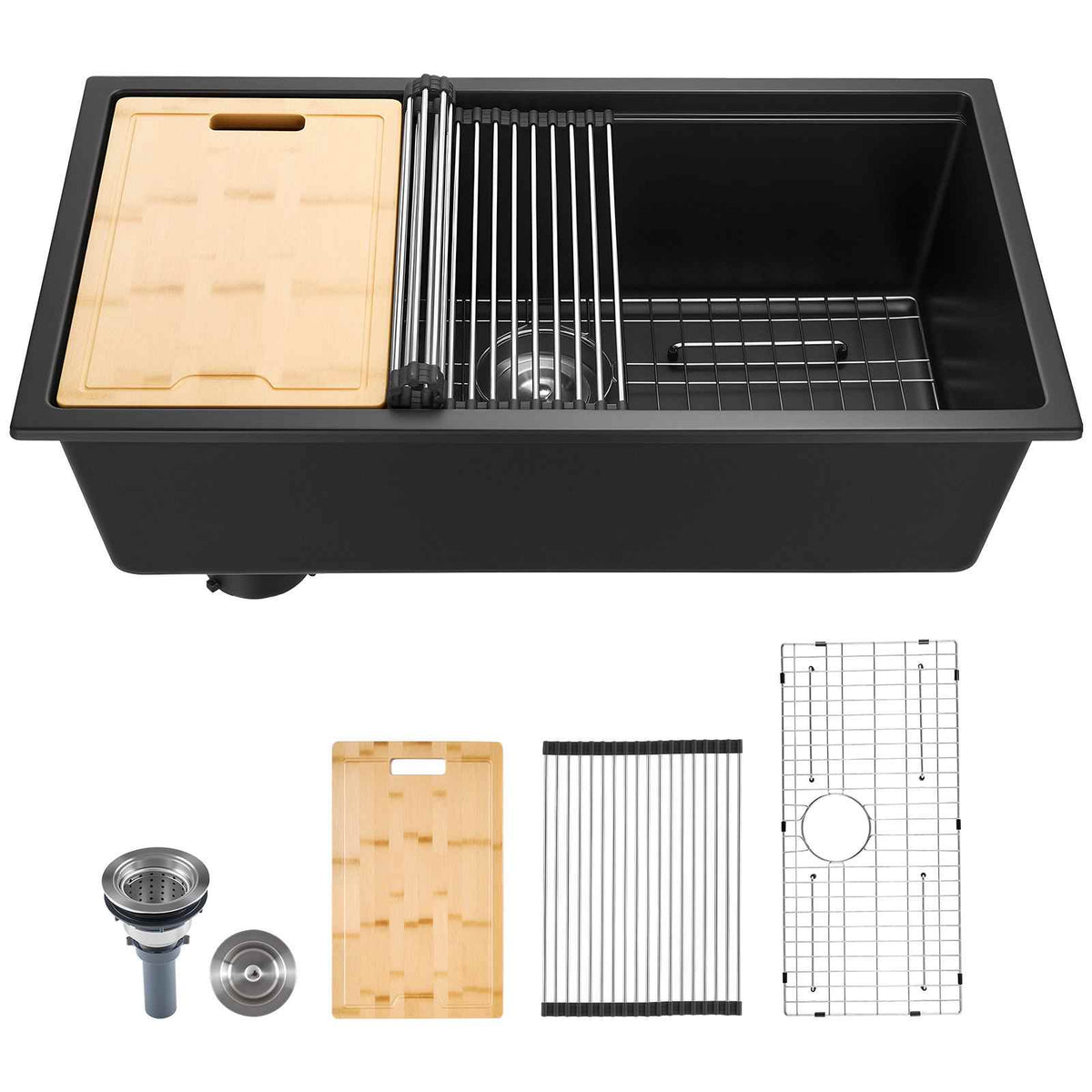 33 inch Kitchen Sink Workstation, Undermount Granite Sink, Drop-In Single Bowl Farmhouse Basin with Multiple Accessories, Household Dishwasher Sinks for RV, Prep Kitchen, and Bar (Black)