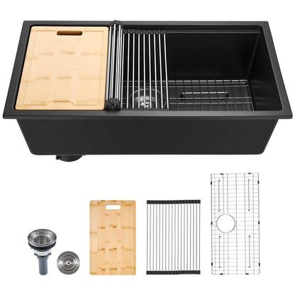 33 inch Kitchen Sink Workstation, Undermount Granite Sink, Drop-In Single Bowl Farmhouse Basin with Multiple Accessories, Household Dishwasher Sinks for RV, Prep Kitchen, and Bar (Black)