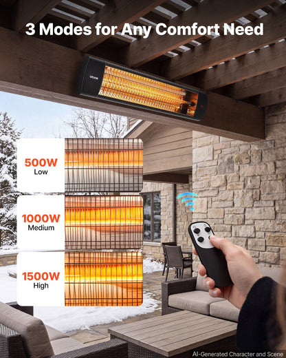 Infrared Heater 1500W Electric Space Heater 3 Heat Settings Black, with Remote Control for Outdoor Use, 24 Hours Timer, Premium Aluminum Alloy, Even Warmth for Patios, Backyards, and Balconies