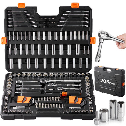 Mechanics Tool Set and Socket Set, 1/4" 3/8" 1/2" Drive Deep and Standard Sockets, 205 Pcs SAE and Metric Mechanic Tool Kit with Bits, Combination Wrench, Hex Wrenches, Accessories, Storage Case