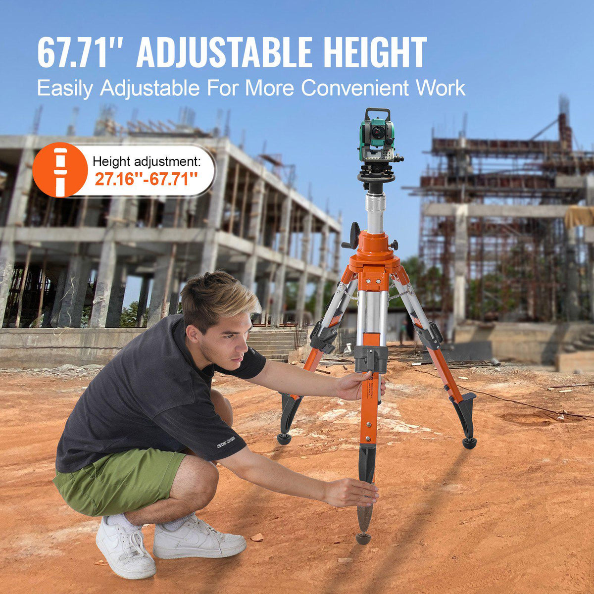 Laser Level Tripod Stand, 5/8"-11 Thread Mount, 27.16-67.71 inch Height Adjustment Heavy Duty Survey Tripod, with Level Bubble & Diffusion Limiter , Liftable Non-Skid Feet for Construction