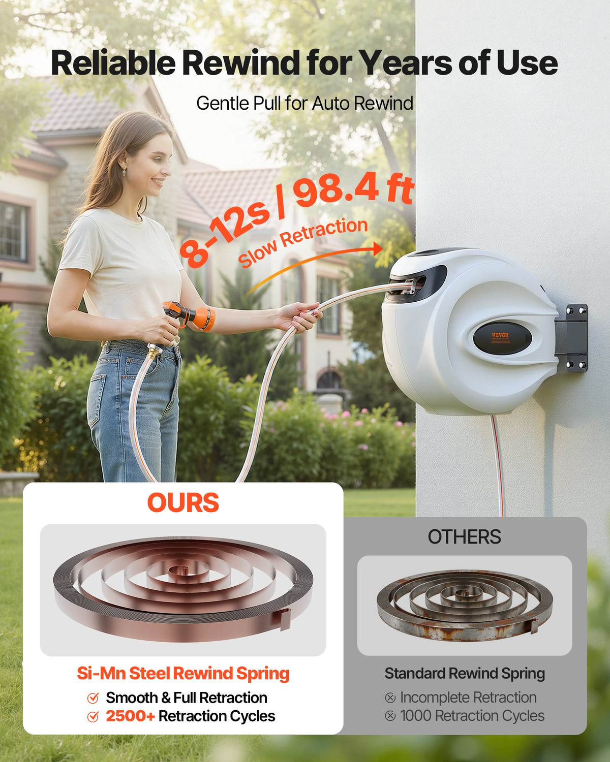 Retractable Hose Reel, 100 ft x 1/2 inch, 180° Swivel Bracket Wall-Mounted, Garden Water Hose Reel with 9-Pattern Nozzle, Automatic Rewind, Lock at Any Length, and Slow Return System