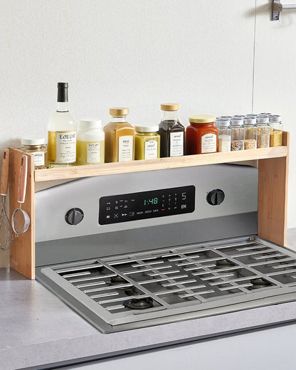 Over the Stove Shelf, Over Stove Spice Shelf for Kitchen Stove Top, Seasoning Shelves, Spice Organizer, Easy to Assemble Countertop Storage Solution, Kitchen Gadgets with 6 Hooks