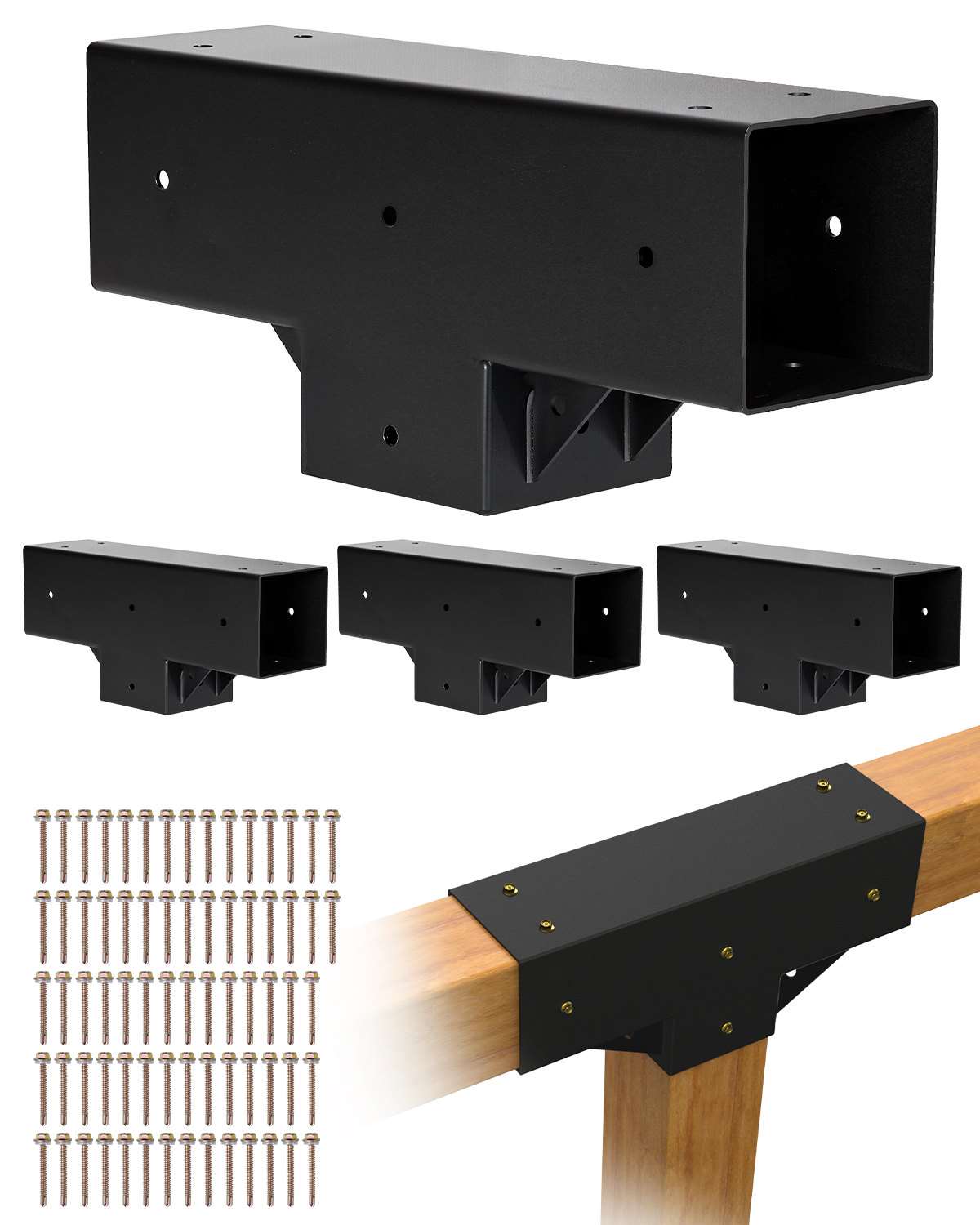 Pergola Kit 4-Pack, T-Shaped 4x4 (Actual 3.5x3.5 Inch), 3-Way Pergola Brackets DIY Woodworking Gazebo Bracket Kit with Screws for 3.5x3.5 Inch Wood Beams in Actual Size for Outdoor Party Banquet