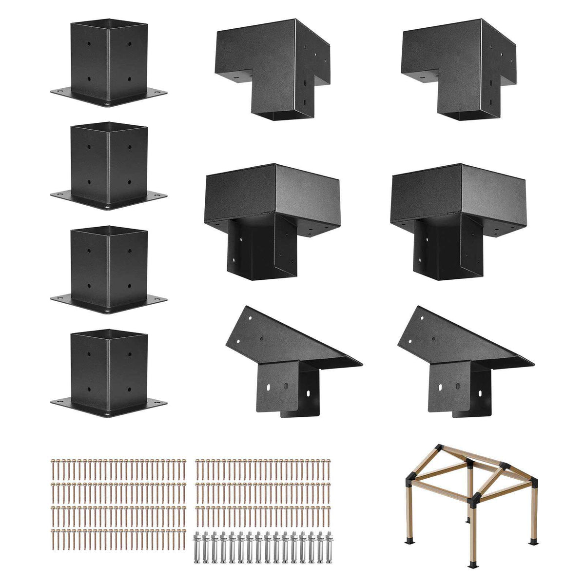 Pergola Kit, 4x4 Inch Pointed-Roof Pergola Brackets for 3.5x3.5 In Lumbers in Actual Size, 3-Way / 4-Way Gazebo Bracket with Post Bases & Ridge Brackets for Outdoor Pergolas Gazebo Shed, 14 Pcs