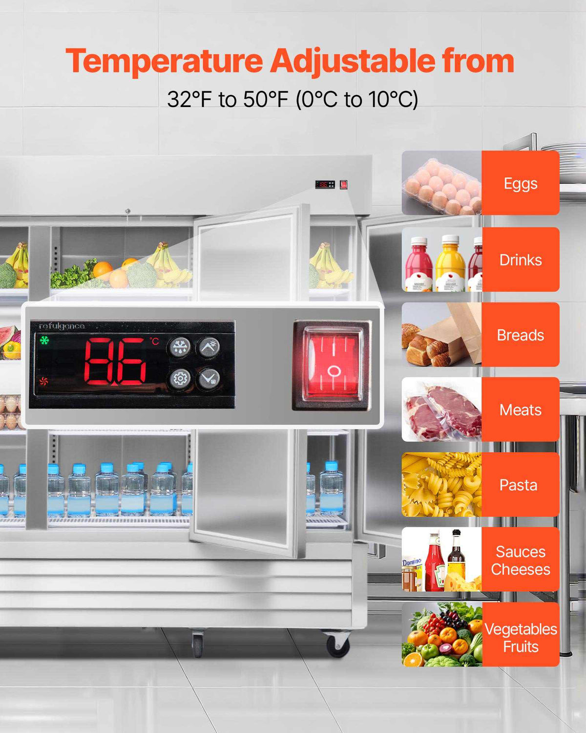 Commercial Reach-In Refrigerator 85" W, 69 Cu.Ft Stainless Steel Upright Refrigerator with Three Doors, Auto-Defrost, 12 Adjustable Shelves, 32 to 50℉ Temp Control, ETL Certified