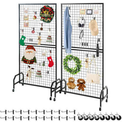 2 Packs Grid Wall Panels, 2.9 x 5.9 ft Wire Grid Panels Display Rack, Movable Art Display Shelf with Wheels and 10 Hooks, Black Carbon Steel Gridwall for Craft Show, Decor, Storage, Notice Board