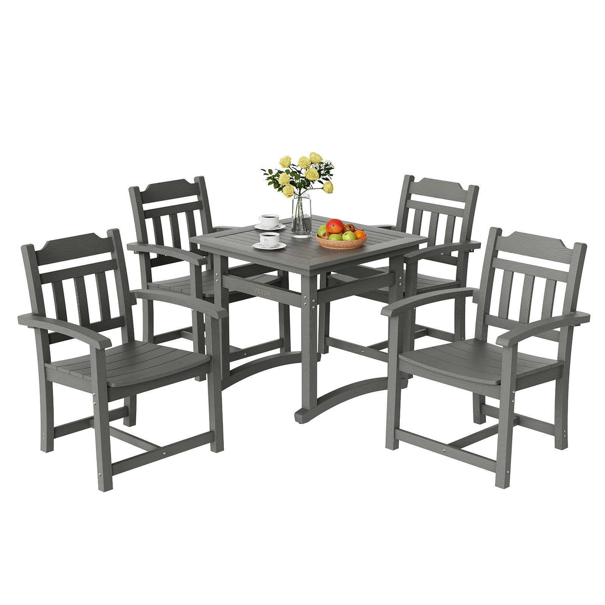 5 Pieces Patio Dining Set, Outdoor Square Furniture Table and Chairs, All Weather Garden Furniture Table Sets, HIPS Small Patio Conversation Set, For Lawn, Deck, Backyard, Poolside, Light Gray