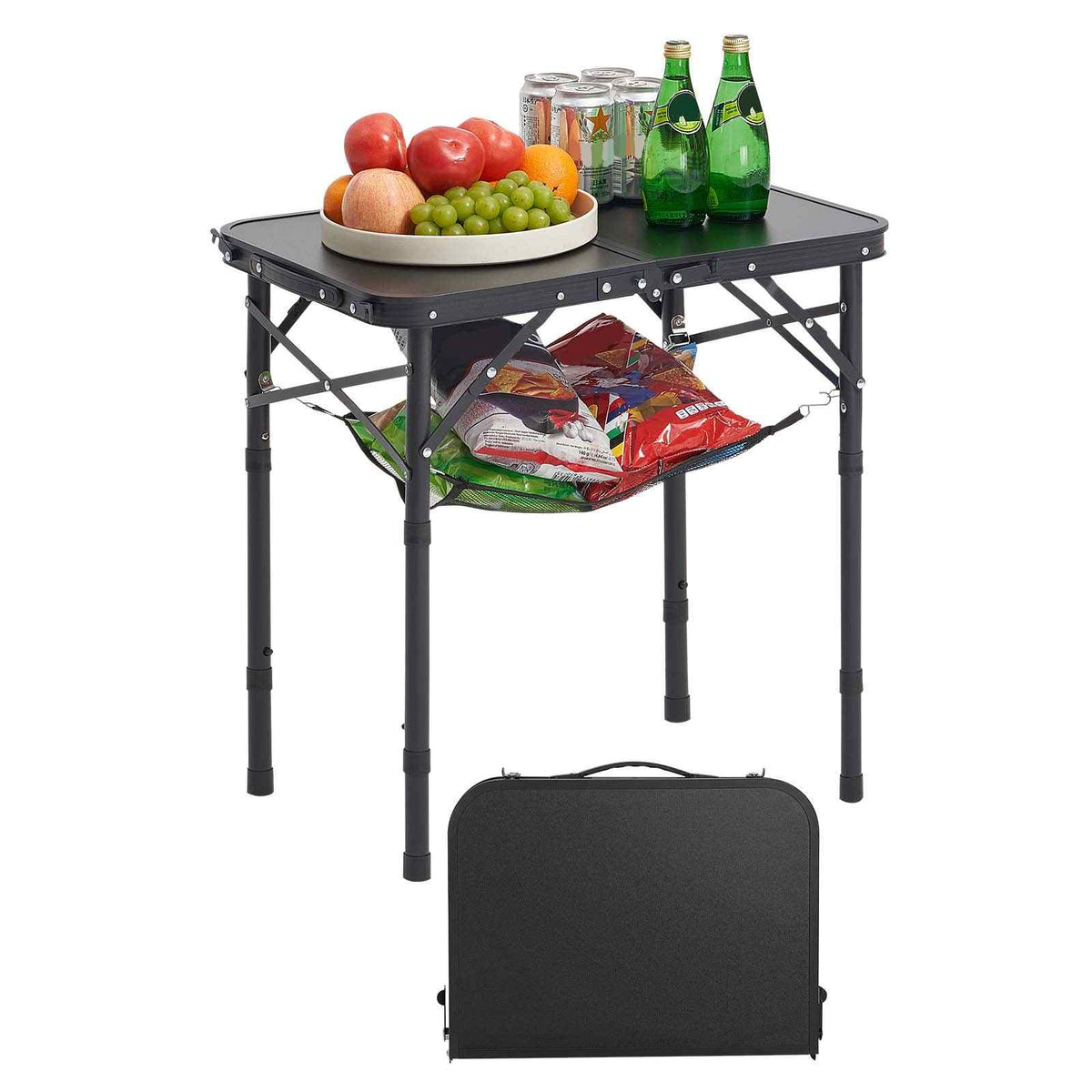 Folding Camping Table, Adjustable Height Portable Side Tables, Aluminum MDF Beach Table with Mesh Layer, Carrying Handle, Lightweight Compact for Outdoor Picnic BBQ Cooking, 24x16in, Black