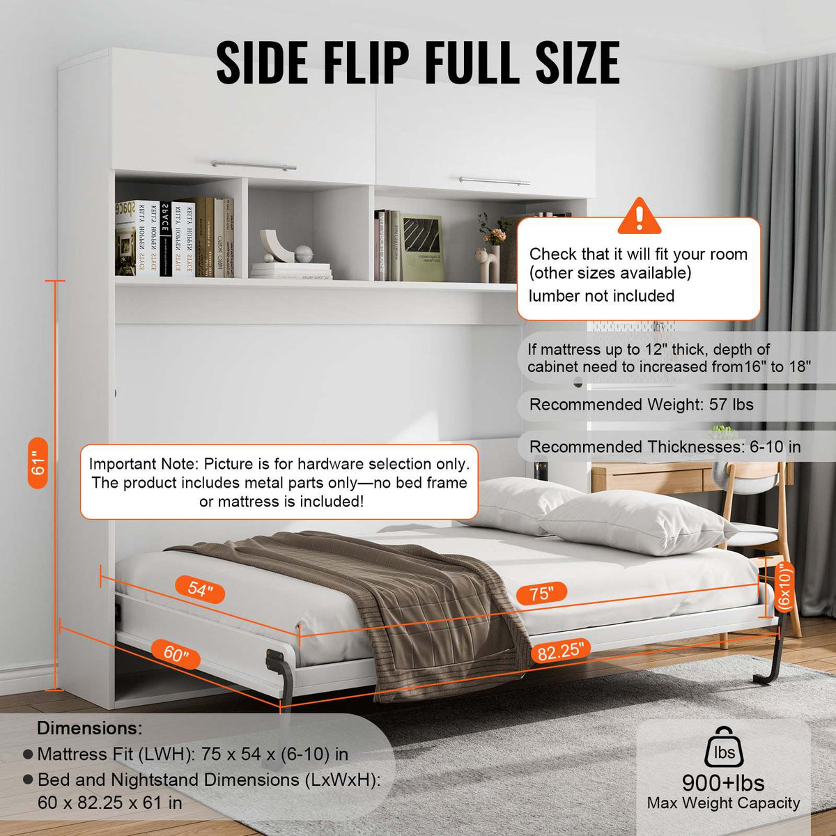Murphy Bed Kit, Queen Size, Deluxe DIY Wall Bed Mechanical Hardware Kit, Pneumatic Lever Heavy Duty Bed Frame Support, Folding Cabinet Wall Bed Space Saving Design for Guestroom, Easy to Build