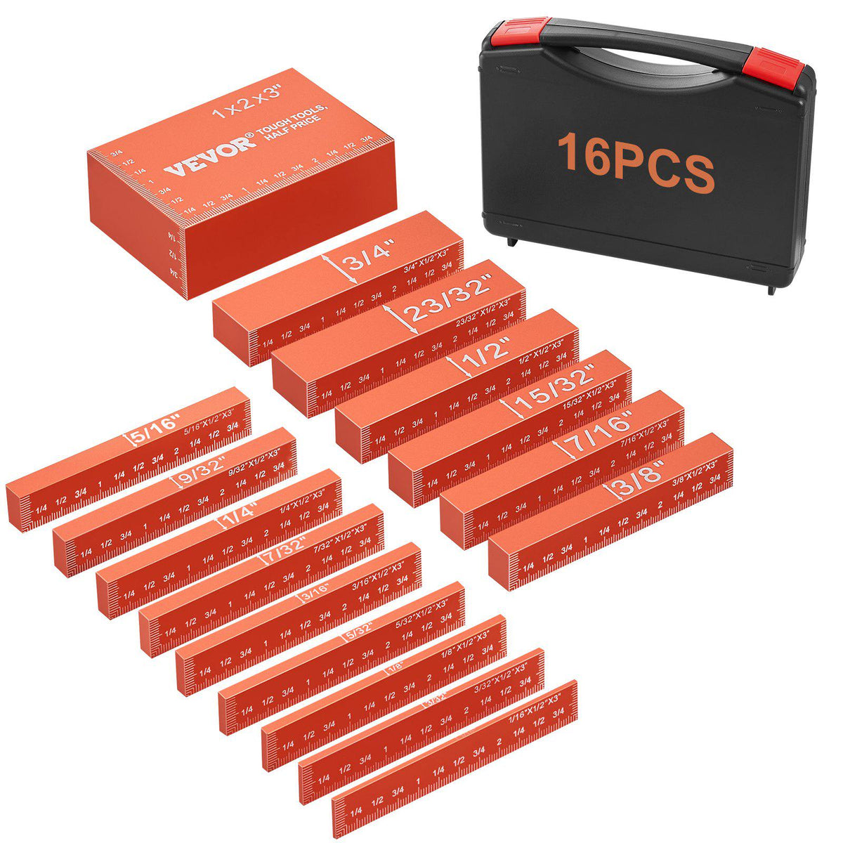 Setup Blocks Woodworking Tools, 16-Piece, Precision Height Gauge Block Set, with Clearly Laser Engraved Size Markings and Storage Case, Aluminum Setup Bars for Router and Table Saw Accessories