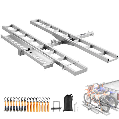 Motorcycle Carrier, 2-Bike 600 LBS Aluminum Motorcycle Carrier Hitch Mount, Loading Ramp, Scooter Dirt Bike Trailer Hauler, Ratchet Straps and Stabilizer, for Car, Truck with 2" Hitch Receiver