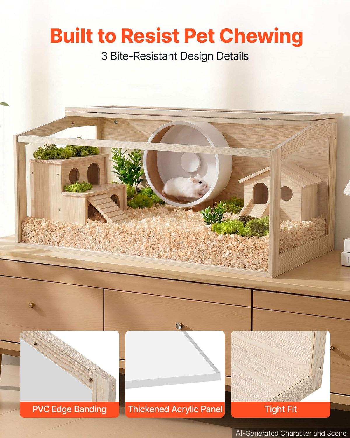 Wooden Hamster Cage 48"x20.1"x20.1" 270° Viewing Hamster Habitat, Chewproof Acrylic Small Animal Cage with Openable Top, Large Pet Enclosure for Syrian/Dwarf Hamsters, Guinea Pigs & Gerbils