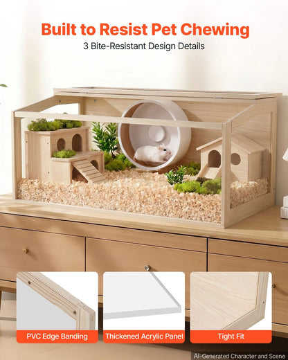 Wooden Hamster Cage 48"x20.1"x20.1" 270° Viewing Hamster Habitat, Chewproof Acrylic Small Animal Cage with Openable Top, Large Pet Enclosure for Syrian/Dwarf Hamsters, Guinea Pigs & Gerbils
