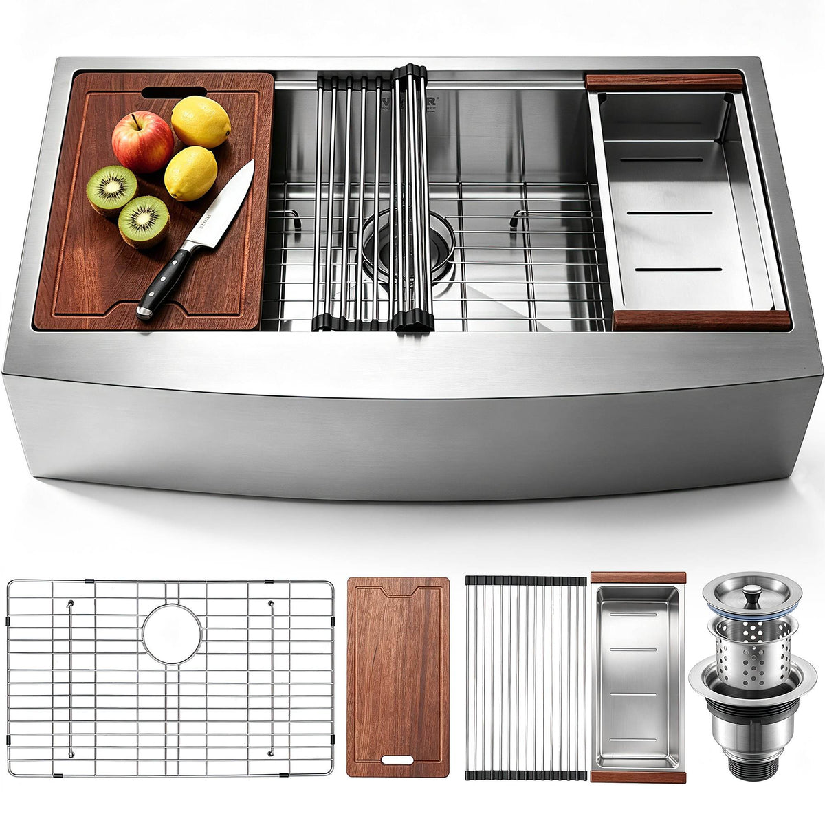 Farmhouse Kitchen Sink, 304 Stainless Steel Drop-In Sinks, Top Mount Single Bowl Basin with Ledge & Accessories, Household Dishwasher Sinks for Workstation, Prep Kitchen, and Bar Sink, 33 inch