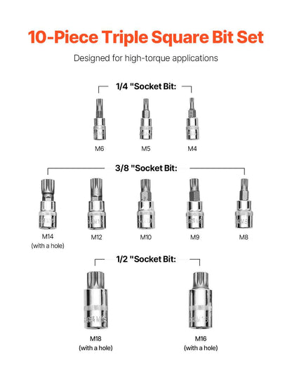 XZN Triple Square Spline Bit Socket Set, 10-Piece M4 - M18, Premium Cr-V Steel, 1/4 in, 3/8 in, and 1/2 in Drives, with Enhanced Storage Case, Triple Square Socket Set for Hand Use, Automotive