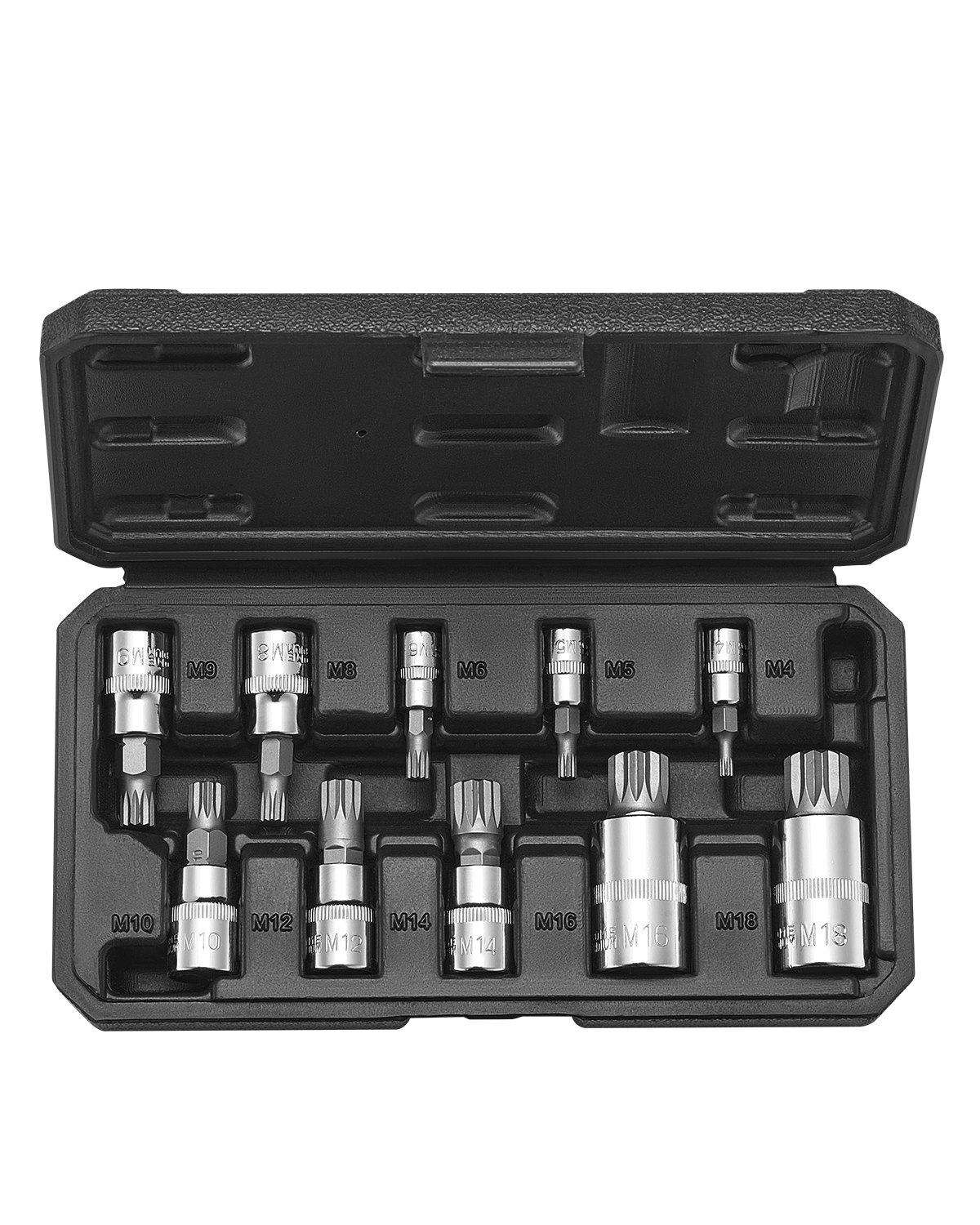 XZN Triple Square Spline Bit Socket Set, 10-Piece M4 - M18, Premium Cr-V Steel, 1/4 in, 3/8 in, and 1/2 in Drives, with Enhanced Storage Case, Triple Square Socket Set for Hand Use, Automotive