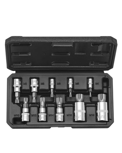 XZN Triple Square Spline Bit Socket Set, 10-Piece M4 - M18, Premium Cr-V Steel, 1/4 in, 3/8 in, and 1/2 in Drives, with Enhanced Storage Case, Triple Square Socket Set for Hand Use, Automotive