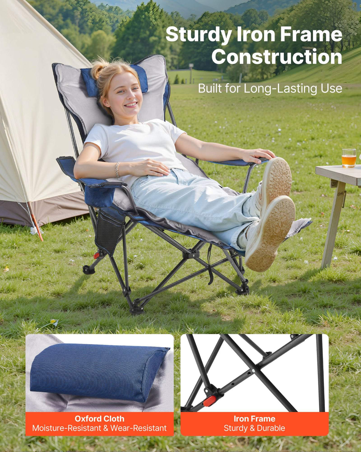 Reclining Camping Chair, 4 Adjustable Positions, Portable Folding Lounger for Adults, Mesh Beach Chair with Footrest & Plush Cushion, Supports 220 lbs, Heavy Duty Camp Chairs for Patio, Blue