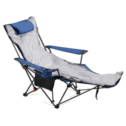 Reclining Camping Chair, 4 Adjustable Positions, Portable Folding Lounger for Adults, Mesh Beach Chair with Footrest & Plush Cushion, Supports 220 lbs, Heavy Duty Camp Chairs for Patio, Blue