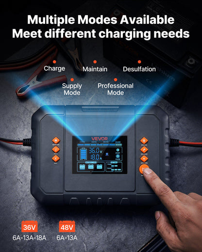 Golf Cart Battery Charger 36V 18A and 48V 13A Smart Trickle Charger, for Lithium LiFePO4 Lead-Acid AGM/Gel/SLA Batteries, Plastic Shell, Multiple Protections, with LCD Display & Cooling Fan