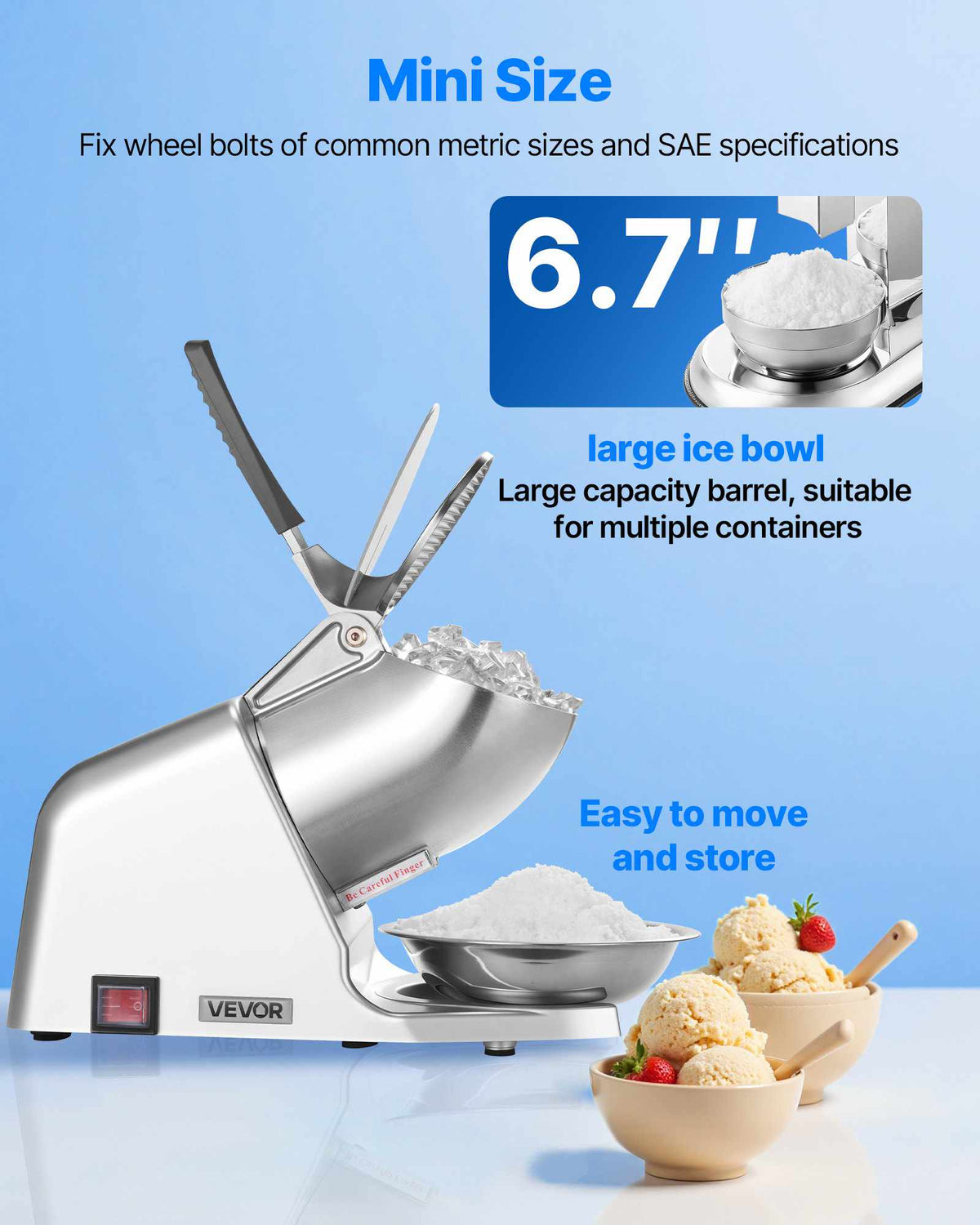 Ice Crusher Machine, 286lbs Per Hour Electric 4 Blades Snow Cone Maker, Stainless Steel Shaved Ice Machine with Bowl and Cover, 300W 2000RPM Ice-Shaver for Home and Commercial Use, Silver
