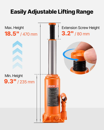 Hydraulic Bottle Jack, 10 Ton (22046 lbs) Capacity, 9.3-18.5 Inch Lifting Range, Heavy Duty Welded Bottle Jack for Car, SUV, Pickup, Auto Repair, House Lift and Agricultural Equipment, Orange