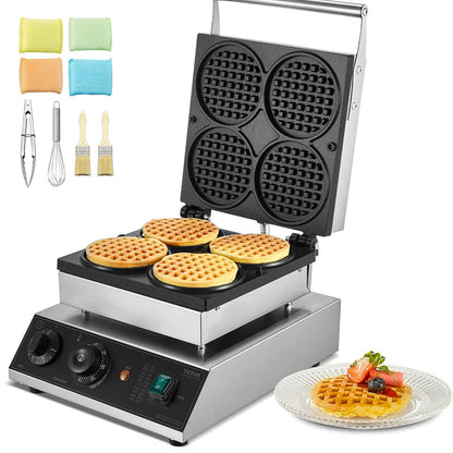 Commercial Waffle Maker, 4PCS Round Waffle Baker Machine,1750W Non-Stick Stainless Steel Belgian Waffle Iron with Temperature and Time Control, for Restaurant Bakery Snack Bar Family