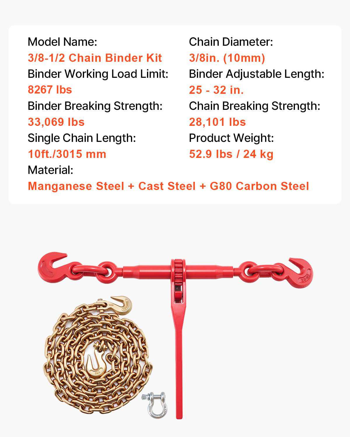 Chain and Binder Kit 3/8in-1/2in, Ratchet Load Binders 9215lbs Working Strength, Ratchet Binders and Chains, 3/8in x 10ft Chains with G70 Hooks, for Truck, Tie Down, Hauling, Towing