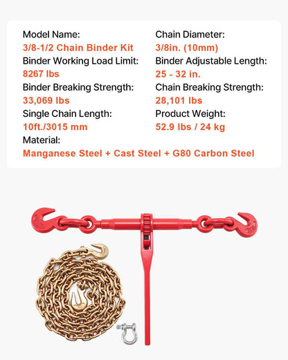 Chain and Binder Kit 3/8in-1/2in, Ratchet Load Binders 9215lbs Working Strength, Ratchet Binders and Chains, 3/8in x 10ft Chains with G70 Hooks, for Truck, Tie Down, Hauling, Towing