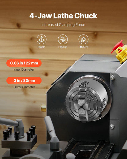 4-Jaw Lathe Chuck, 3 Inch (80 mm), 4-Jaw Independent Chuck, 0.1-3.15 in (5-80 mm) Clamping Range with T-key Fixing Screws Reversible Jaws, HT300 Material, Internal External for Wood Metal Lathe
