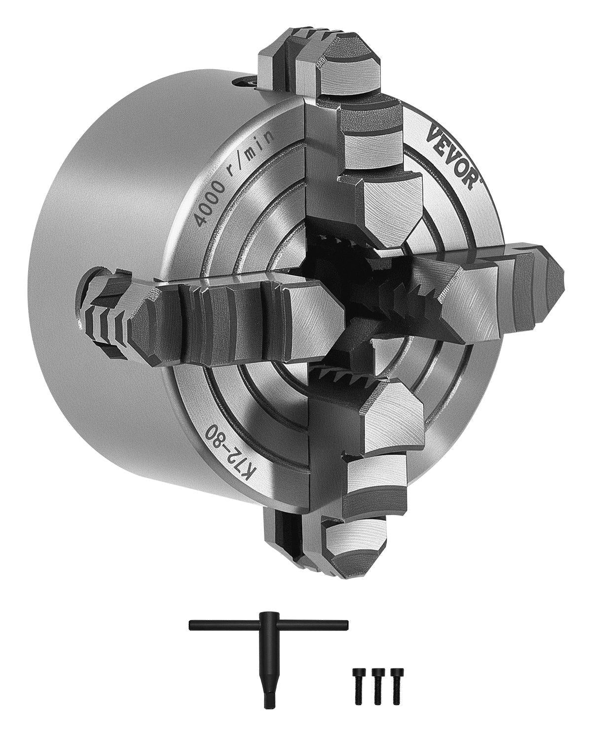4-Jaw Lathe Chuck, 3 Inch (80 mm), 4-Jaw Independent Chuck, 0.1-3.15 in (5-80 mm) Clamping Range with T-key Fixing Screws Reversible Jaws, HT300 Material, Internal External for Wood Metal Lathe