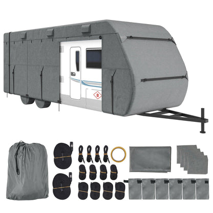 Travel Trailer Cover, 28-31 ft RV Cover, Top 300D Oxford Fabric Camper Cover, Waterproof, Windproof and Rip-Stop Class A RV Cover, with Storage Bag, Repair Patches, Straps and Tire Covers