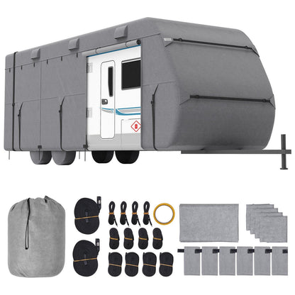 Travel Trailer Cover, 24-27 ft RV Cover, 4-Layer Non-Woven Fabric Camper Cover, Waterproof, Windproof and Rip-Stop Class A RV Cover, with Storage Bag, Repair Patches, Straps and Tire Covers
