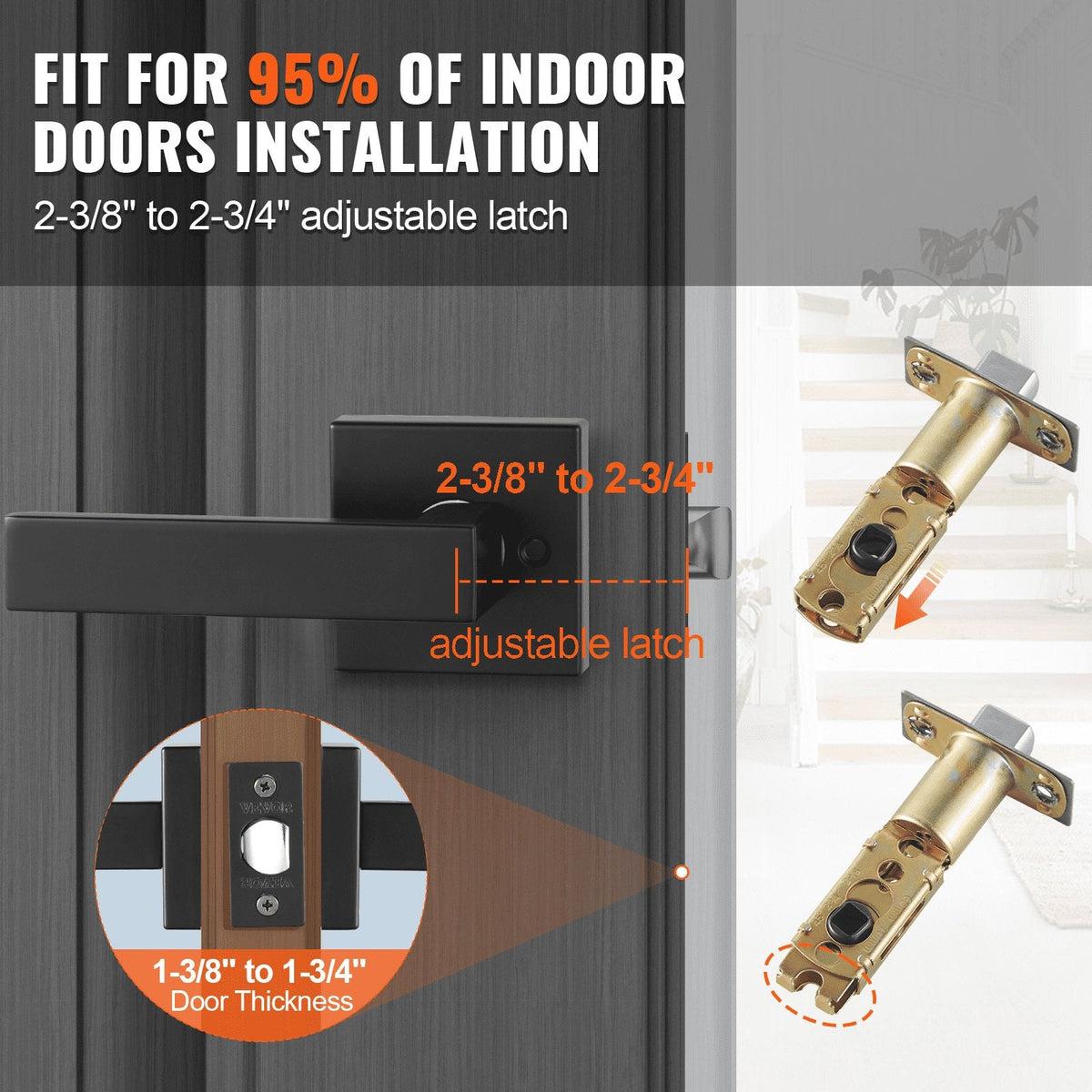 Passage Door Handle, 6 Pack Matte Black Door Lever, Left or Right Handing Reversible Lever Non-Locking, 45° Rotation to Open, Universal Square Interior for Hallways, Closets, Meeting Spaces