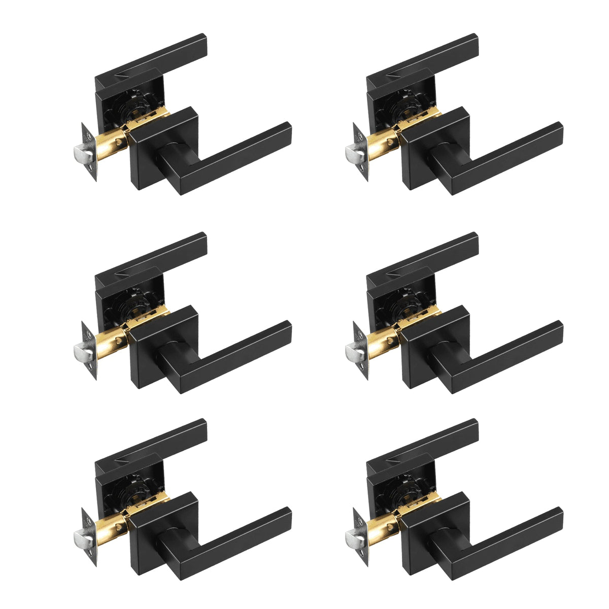 Passage Door Handle, 6 Pack Matte Black Door Lever, Left or Right Handing Reversible Lever Non-Locking, 45° Rotation to Open, Universal Square Interior for Hallways, Closets, Meeting Spaces