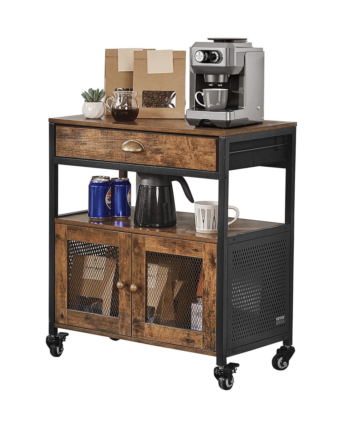 Coffee Bar Cabinet, 24 Inch Farmhouse Coffee Bar Cabinet with Storage, Movable Coffee Bar Table with Wheels & Mesh Door, Sideboard Buffet Cabinet for Kitchen, Entryway
