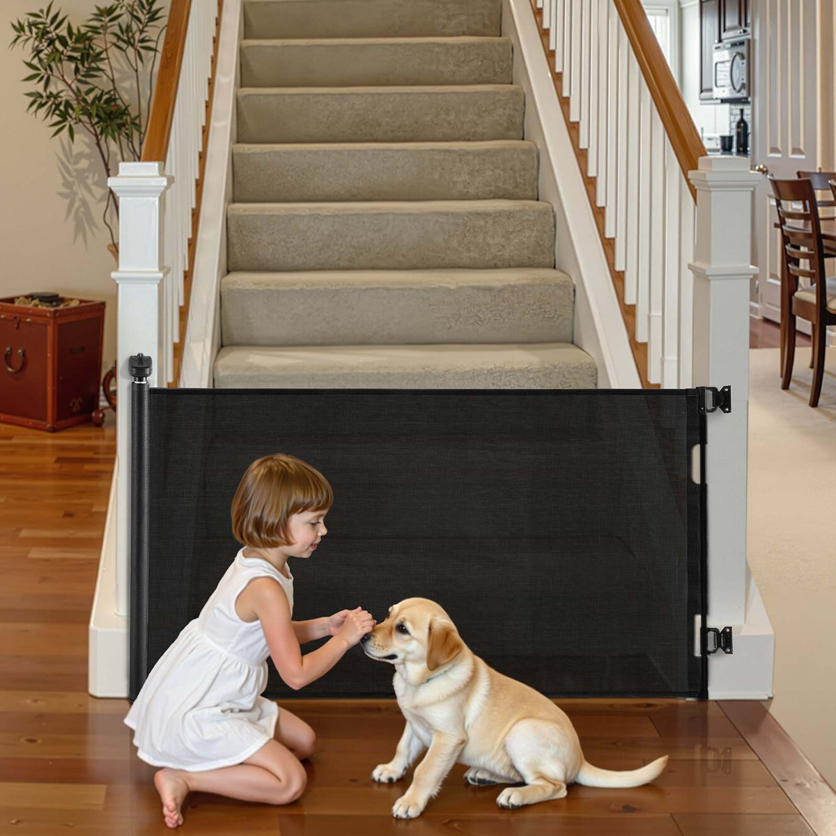 Retractable Baby Gate, Extends to 56.3 inch Wide, 31.3 inch Tall, with Security Lock, Easy to Use, Walk Through Without Tripping, Mesh Dog Gate for Stairs, Hallways, Indoor/Outdoor, Black