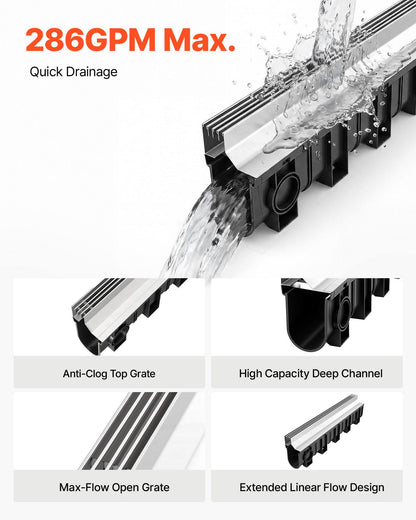 Trench Drain, 39.7 x 5.8 x 7.4 in, 3 Pack Linear Drainage Channel with Stainless Steel Grate, HDPE Channel Drain, Outdoor Drainage System for Driveway, Patio, Pool, Garden, Black & Silver