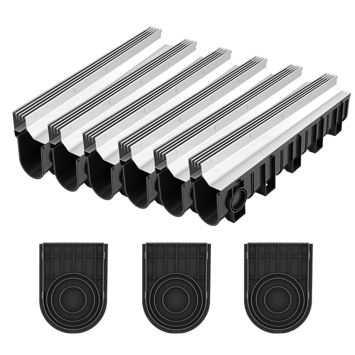 Trench Drain, 39.7 x 5.8 x 7.4 in, 3 Pack Linear Drainage Channel with Stainless Steel Grate, HDPE Channel Drain, Outdoor Drainage System for Driveway, Patio, Pool, Garden, Black & Silver