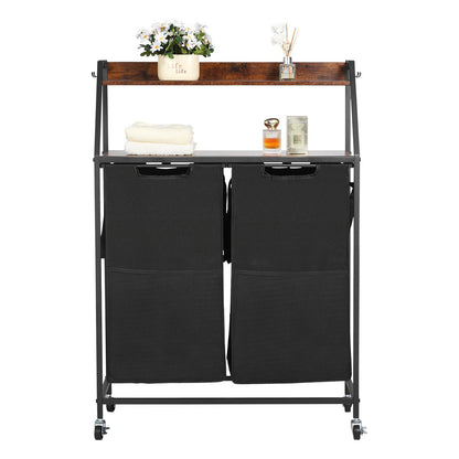 2 Tiers Laundry Sorter, Tall Laundry Hamper with Metal Frame and Wooden Tabletop, 2 Section Rolling Basket Organizer Storage with Ladder Shelves and 600D Oxford Cloth Bags for Dirty Clothes