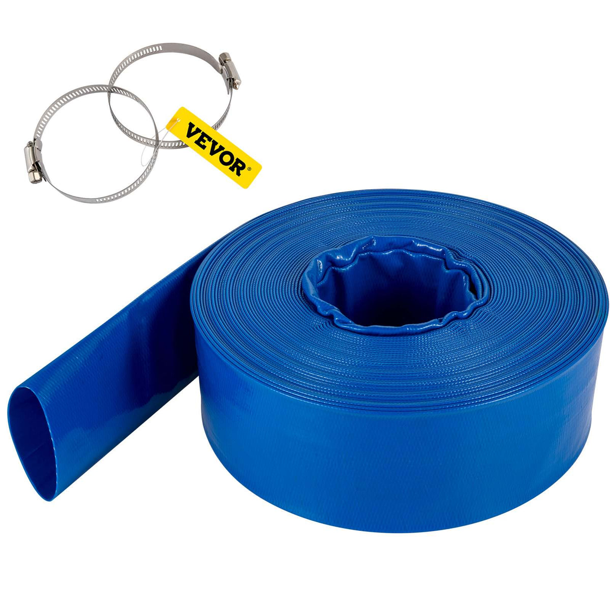 Discharge Hose, 4\" x 105\', PVC Lay Flat Hose, Heavy Duty Backwash Drain Hose with Clamps, Weather-proof & Burst-proof, Ideal for Swimming Pool & Water Transfer, Blue